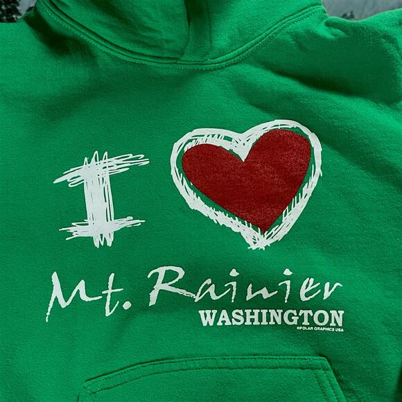 I Love Mount Rainier Bright Green Hoodie Sweatshirt With Front Pocket Kid Size M - Picture 4 of 9